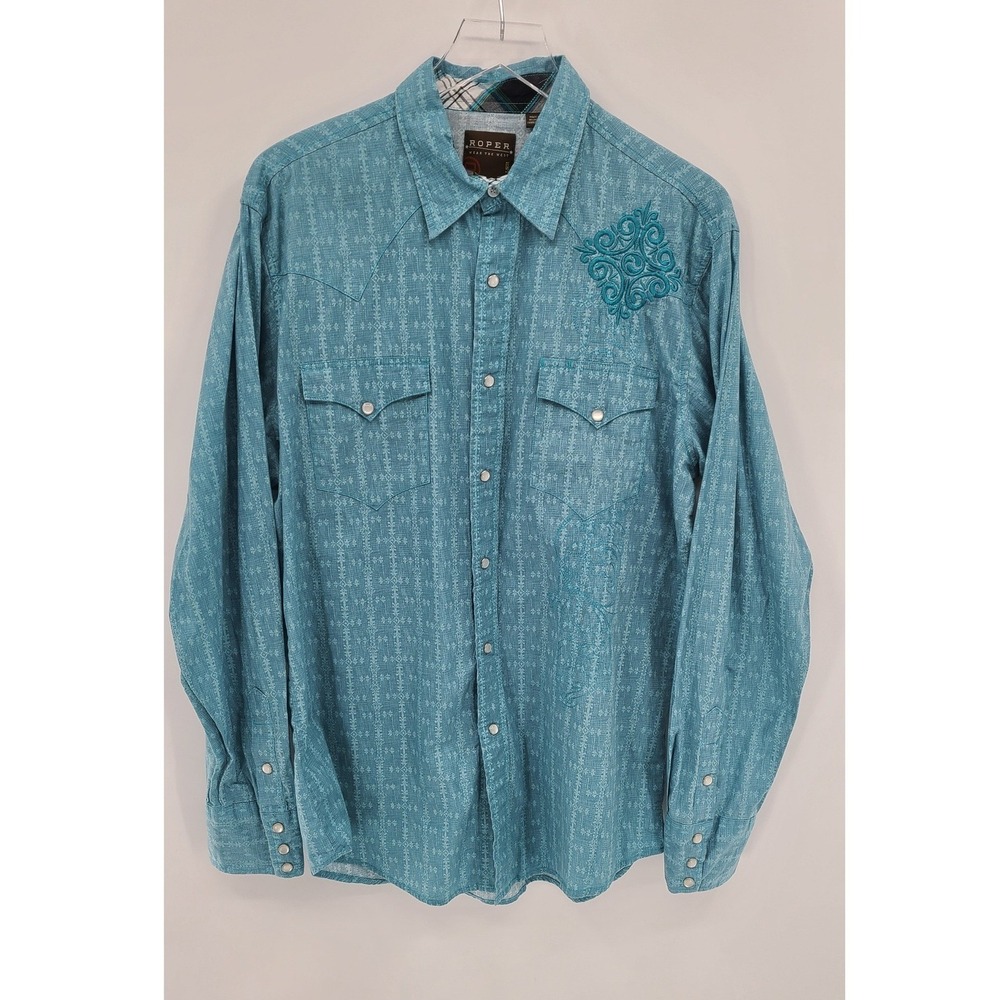 Roper Western Embroidered Pearl Snap Shirt‎ Mens Size Large Rodeo Aqua Cotton